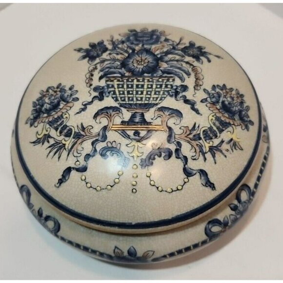 Vtg Chinese Round Ginger W/Lid Blue Ribbons and Florals 6.5" Wide by 3.5" Tall